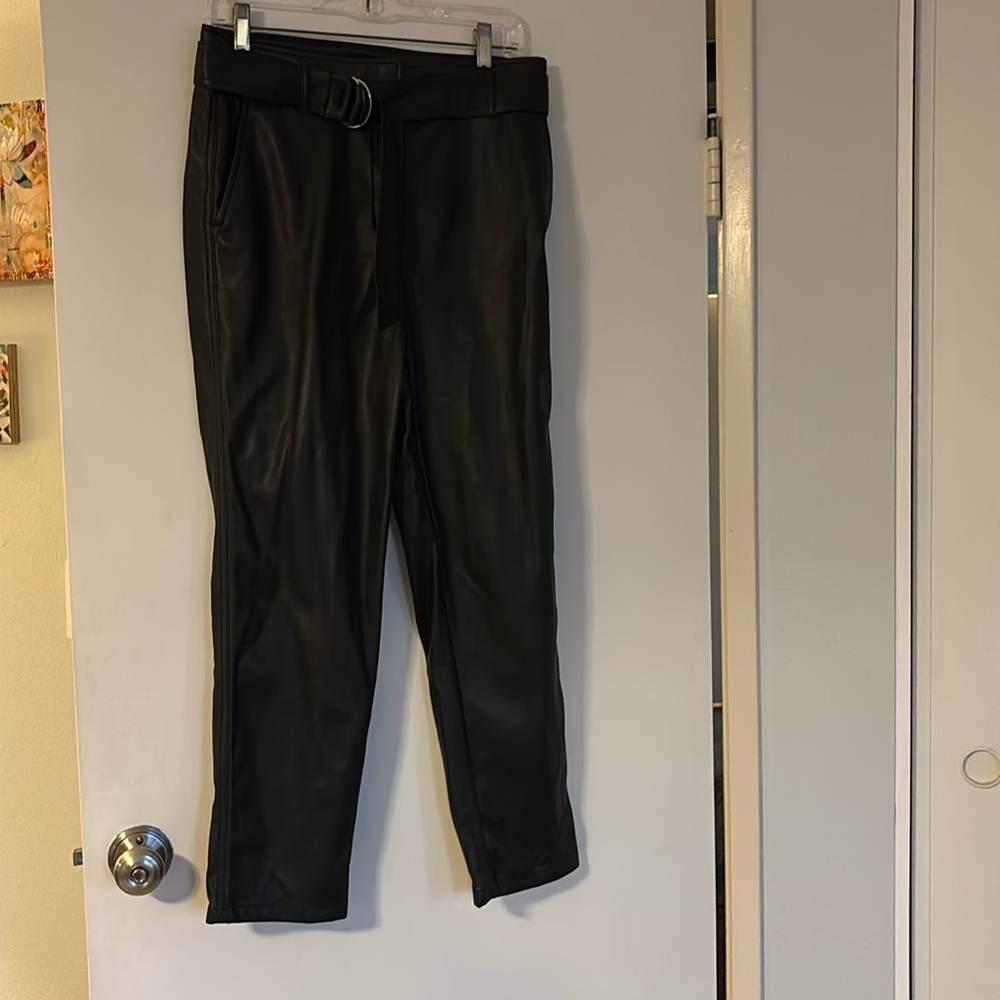 Loft faux leather pants with belt, a bit cropped.